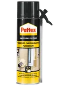 Pattex Universal PU Foam spraydåse med sort og gul etiket og applikatordyse. Bruges til at tætne sprækker, isolere og udfylde huller ved byggeri og renovering.