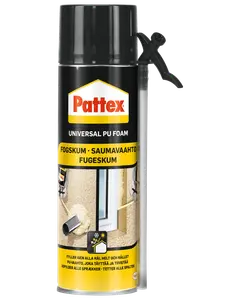 Pattex Universal PU Foam spraydåse med sort og gul etiket og applikatordyse. Bruges til at tætne sprækker, isolere og udfylde huller ved byggeri og renovering.