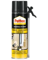 Pattex Universal PU Foam spraydåse med sort og gul etiket og applikatordyse. Bruges til at tætne sprækker, isolere og udfylde huller ved byggeri og renovering.