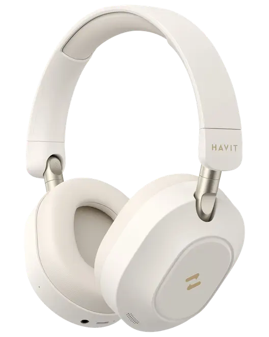 Hvide HAVIT trådløse over-ear-hovedtelefoner med bløde ørepuder, justerbar bøjle, foldbare led og gyldne logodetaljer.