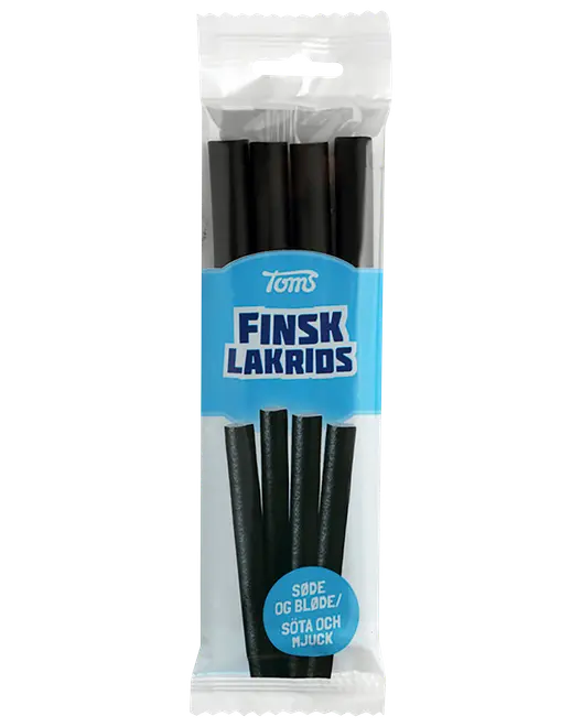 Gennemsigtig pose med Toms Finsk Lakrids bløde sorte lakridspinde og blå etiket.