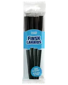 Gennemsigtig pose med Toms Finsk Lakrids bløde sorte lakridspinde og blå etiket.