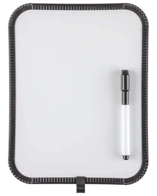Liten rektangulär whiteboard med svart kant, inkluderar en svart markerare fäst vid tavlan. Perfekt för anteckningar, påminnelser eller snabba skisser hemma, på kontoret eller i klassrummet.