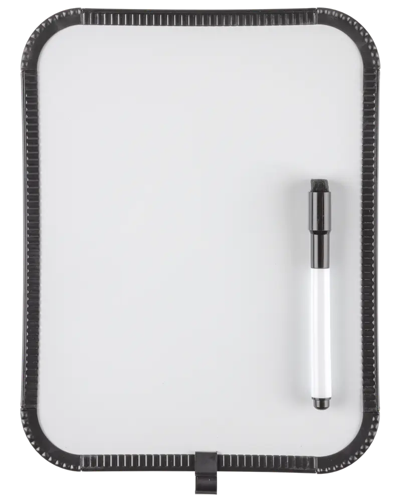 Lille rektangulær whiteboard med sort kant, inkluderer en sort tusch fastgjort til tavlen. Perfekt til noter, påmindelser eller hurtige skitser i hjemmet, kontoret eller klasselokalet.