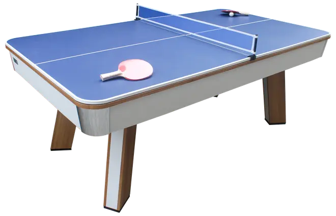 Moderne blå bordtennisbord med hvide linjer, solide træben, net og to lyserøde bat. Perfekt til hjemmet eller fritidsbrug. Elegant design med afrundede hjørner.