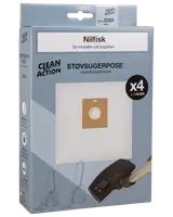 Förpackning med 4 Nilfisk dammsugarpåsar och 1 filter. Passar utvalda modeller. Clean Action-märke, bild på påse och dammsugare på blå ask.