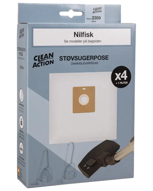 Förpackning med 4 Nilfisk dammsugarpåsar och 1 filter. Passar utvalda modeller. Clean Action-märke, bild på påse och dammsugare på blå ask.