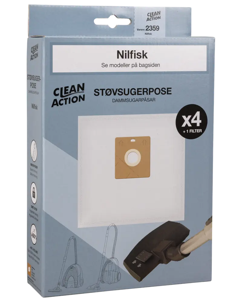 Förpackning med 4 Nilfisk dammsugarpåsar och 1 filter. Passar utvalda modeller. Clean Action-märke, bild på påse och dammsugare på blå ask.