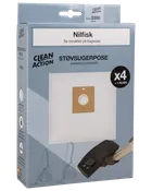 Pakke med 4 Nilfisk støvsugerposer og 1 filter. Passer til udvalgte modeller. Clean Action mærke, billede af pose og støvsuger på blå æske.