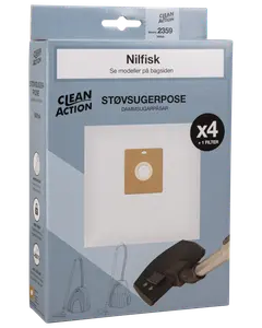 Förpackning med 4 Nilfisk dammsugarpåsar och 1 filter. Passar utvalda modeller. Clean Action-märke, bild på påse och dammsugare på blå ask.