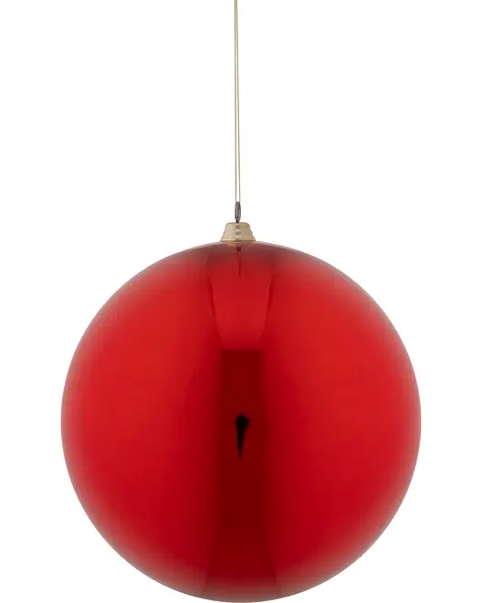 Stor, blank rød juletræskugle med glat, reflekterende overflade, guldfarvet top og ophængssnor. Perfekt til festlig dekoration eller juletræ.