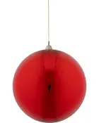 Stor, blank rød juletræskugle med glat, reflekterende overflade, guldfarvet top og ophængssnor. Perfekt til festlig dekoration eller juletræ.