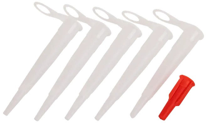 Set med fem vita plastbevattningsspikar med hängöglor samt en röd spik. Används för automatisk bevattning av växter med vattenflaskor.
