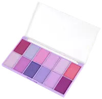 Øjenskyggepalette med tolv nuancer i pink, lilla og røde toner. Hver farve er i et rektangulært felt, nogle med præget design. Leveres i lavendelfarvet etui med gennemsigtigt låg.