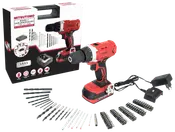 Ledningsfri 18V boremaskine med rød og sort maskine, mange bor- og skruetrækkerbits, batteri, oplader og transportkasse. Velegnet til forskellige bore- og skrueopgaver.
