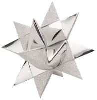 Silverfärgad presentrosett i stjärnform med både glittrande och blanka spetsar. Perfekt för att dekorera paket och ge en festlig, elegant känsla till inslagningen.