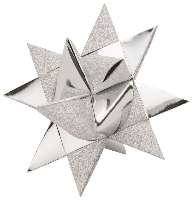 Sølv gavebånd formet som en stjerne med både skinnende metal og glitrende tekstur. Perfekt til gaveindpakning og dekoration, giver et festligt og elegant udtryk.