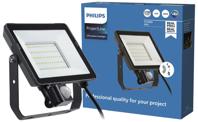 Philips ProjectLine LED udendørs projektør, sort ramme, rektangulær form, bevægelsessensor, 30W, 3000K varm hvid, IP65 vandtæt, egnet til professionelle udendørs belysningsprojekter.