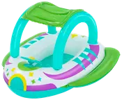 Oppustelig babybadebåd med solskærm, rat og farverigt design. Har grønne, lilla og blå detaljer, giver solbeskyttelse og komfort til små børn i vandet.