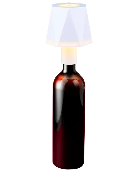 Vinflaske lampe med geometrisk hvid lampeskærm. Lampeskærmen passer over flaskehalsen og skaber et stilfuldt og unikt dekorativt belysningsprodukt til hjemmet eller spisestuen.