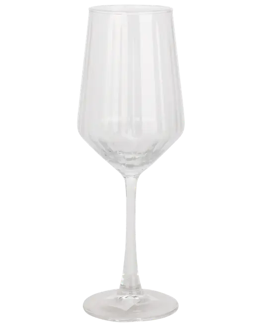 Klar vinglas med høj, slank stilk og bred, vinklet skål. Fremstillet af gennemsigtigt glas, velegnet til rød- eller hvidvin. Moderne, elegant design.