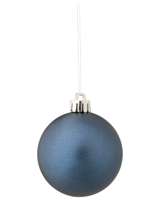 Matt mörkblå julgranskula med silverfärgad topp och upphängningssnöre. Enkel, elegant design. Lätt och okrossbar för säker användning.