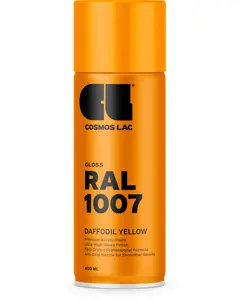 400 ml spraydåse med Cosmos Lac blank akrylmaling, RAL 1007 påskeliljegul. Ultra-høj glans, hurtigtørrende formel og anti-dryp dyse for jævn påføring.