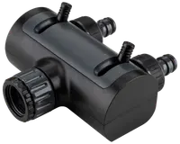 Sort plastslangeforbinder med tre gevindporte og to justerbare ventiler, designet til at opdele vandstrøm i havevandingssystemer. Holdbar konstruktion, velegnet til udendørs brug.