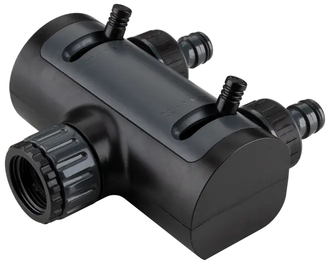 Sort plastslangeforbinder med tre gevindporte og to justerbare ventiler, designet til at opdele vandstrøm i havevandingssystemer. Holdbar konstruktion, velegnet til udendørs brug.