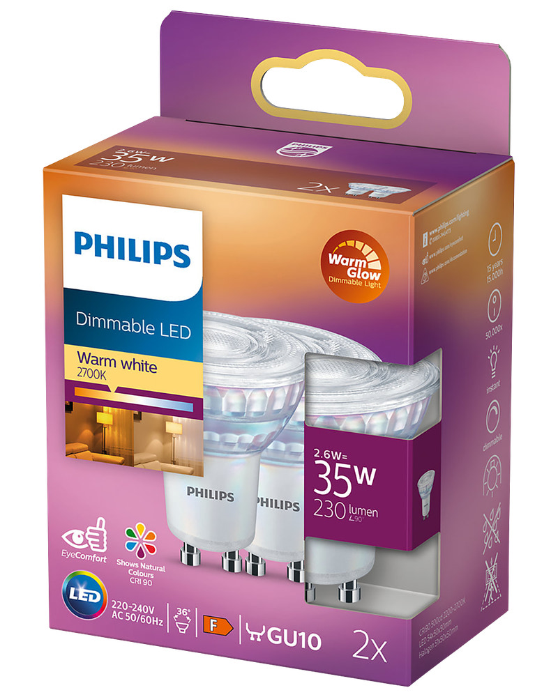 PHILIPS Reflektorlampa 2,6W GU10 dimbar 2-pack