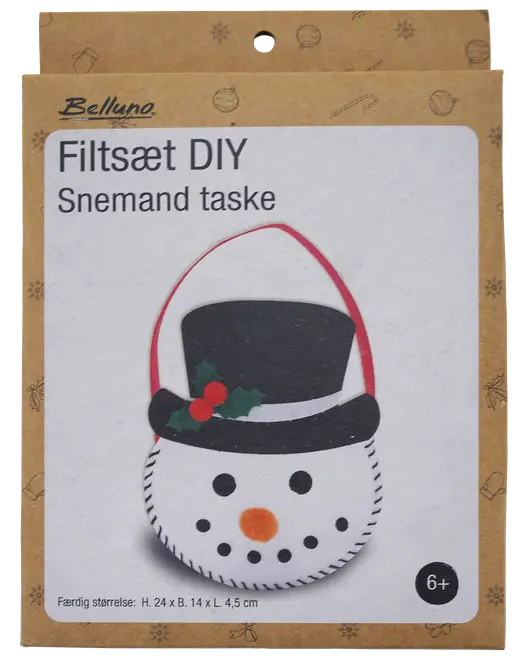 DIY filtset för att göra en snögubbeväska. Inkluderar svart hatt, rött handtag, järnekdekoration, orange näsa och svarta knappar. Passar barn från 6 år.