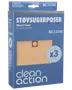 Förpackning med 3 Clean Action Wasco Clean dammsugarpåsar, modellnummer 13760. Kartongkrage med runt hål, passar utvalda dammsugarmodeller. Blå förpackning med produktbild.