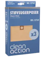 Pakke med 3 Clean Action Wasco Clean støvsugerposer, modelnummer 13760. Papkrave med rundt hul, passer til specifikke støvsugermodeller. Blå emballage med produktbillede.