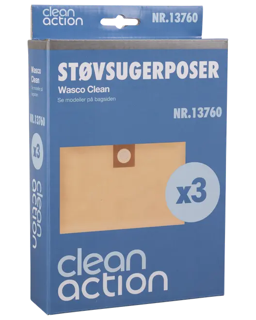 Förpackning med 3 Clean Action Wasco Clean dammsugarpåsar, modellnummer 13760. Kartongkrage med runt hål, passar utvalda dammsugarmodeller. Blå förpackning med produktbild.