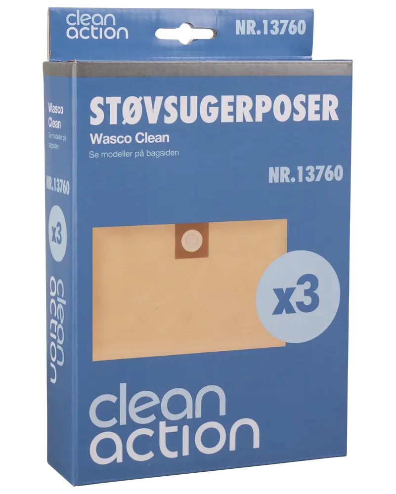 Pakke med 3 Clean Action Wasco Clean støvsugerposer, modelnummer 13760. Papkrave med rundt hul, passer til specifikke støvsugermodeller. Blå emballage med produktbillede.