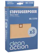 Pakke med 3 Clean Action Wasco Clean støvsugerposer, modelnummer 13760. Papkrave med rundt hul, passer til specifikke støvsugermodeller. Blå emballage med produktbillede.