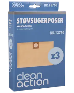 Förpackning med 3 Clean Action Wasco Clean dammsugarpåsar, modellnummer 13760. Kartongkrage med runt hål, passar utvalda dammsugarmodeller. Blå förpackning med produktbild.