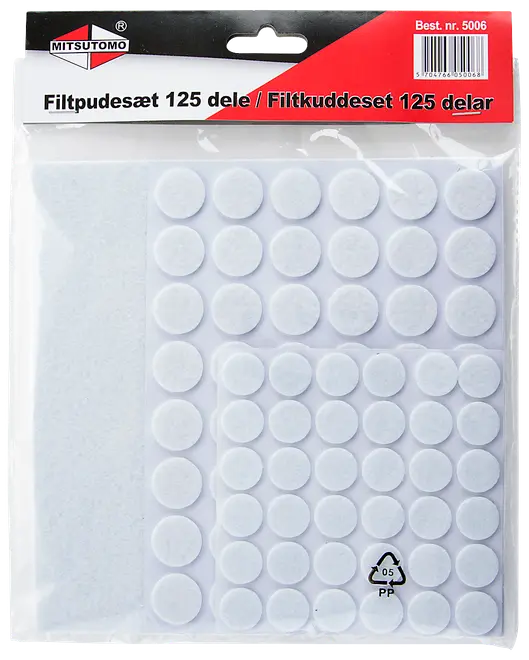 Set med 125 runda vita filtkuddar i olika storlekar. Perfekta för att skydda golv och ytor mot repor. Självhäftande baksida för enkel applicering.