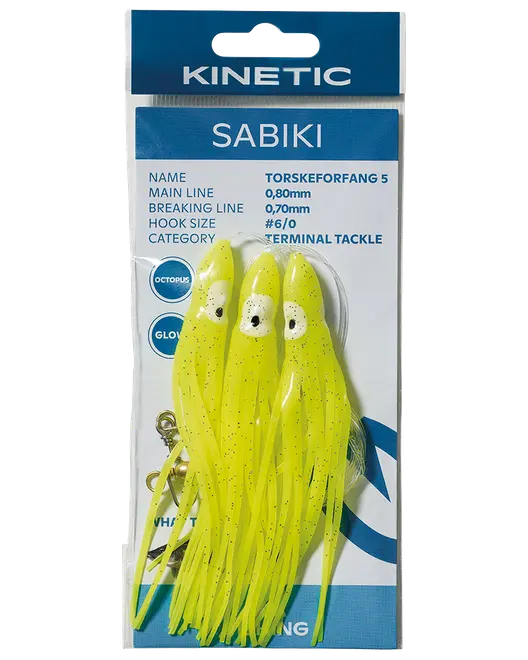 Kinetic Sabiki-fiskegrej med lysegule blæksprutteagn, flere kroge og terminal tackle til torskeforfang.