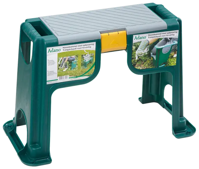 Grön och grå trädgårdsknäkudde i plast med förvaringsfack, stadiga handtag och räfflad sits. Kan användas som bänk eller knäskydd vid trädgårdsarbete.