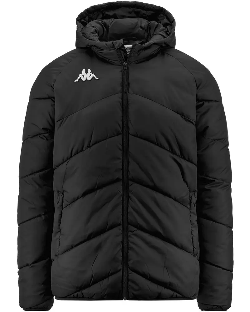 Black padded jacket with a hood, featuring a full-length front zipper and chevron-shaped quilted stitching. The jacket has a white embroidered logo on the left chest and two side pockets. The design is sleek and modern, providing warmth and comfort.