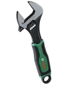 Justerbar skruenøgle med sort og grønt ergonomisk håndtag, måleskala på kæben og Bosch-logo. Velegnet til at gribe og dreje forskellige møtrikker og bolte.