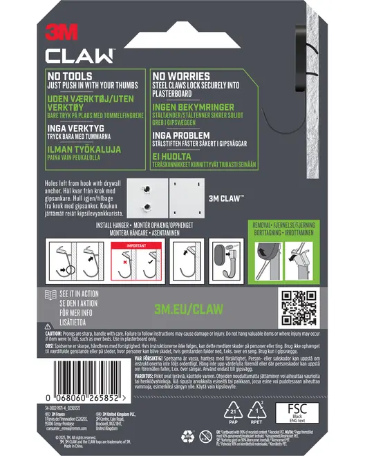3M CLAW gipsbilledophænger emballage, viser installationsvejledning, stålkløer, ingen værktøj nødvendig, holder op til 9,5 kg, egnet til gipsvægge, flersproget information og QR-kode.