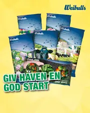 Assorterede pakker med plantemuld, dækbark og lignende på gul baggrund med teksten "Giv haven en god start"