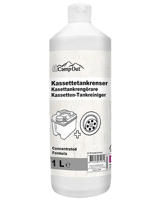 1-liters flaske CampOut kassettetoiletrenser, koncentreret formel, egnet til rengøring af bærbare toiletspildevandstanke. Hvid flaske med illustrationer og flersproget etiket.