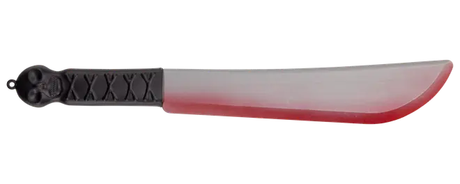 Plastmachete med svart handtag och dödskalle, silverfärgat blad med röd kant som liknar blod. Perfekt för Halloween eller maskeradtillbehör.