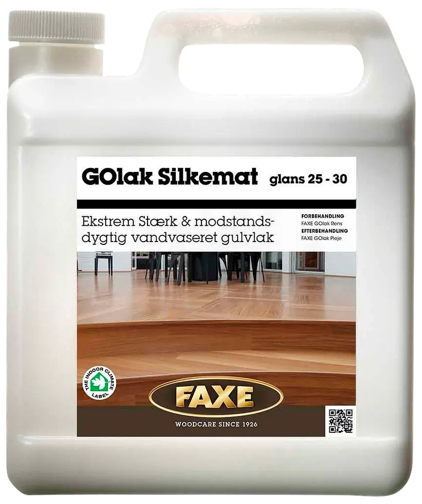 Plastdunk med Faxe GOlak Silkemat, vandbaseret gulvlak, halvmat glans (25-30), ekstremt stærk og modstandsdygtig, velegnet til trægulve, 5 liter.