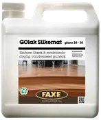 Plastdunk med Faxe GOlak Silkemat, vandbaseret gulvlak, halvmat glans (25-30), ekstremt stærk og modstandsdygtig, velegnet til trægulve, 5 liter.