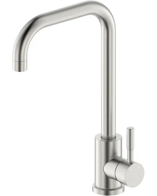 Moderne køkkenvandhane i rustfrit stål med høj buet tud og enkelt greb. Cylindrisk base, børstet finish, passer til moderne køkkener, nem temperatur- og flowkontrol.