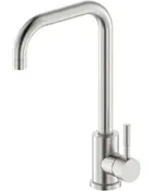 Moderne køkkenvandhane i rustfrit stål med høj buet tud og enkelt greb. Cylindrisk base, børstet finish, passer til moderne køkkener, nem temperatur- og flowkontrol.